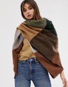 Asos Design Oversized Square Scarf In Blown Up Check In Camel - Beige