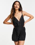 River Island Lace Plunge Beach Romper In Black