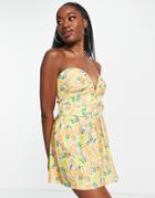 Asos Design Ruched Bandeau Romper With Belt In Floral Print-multi