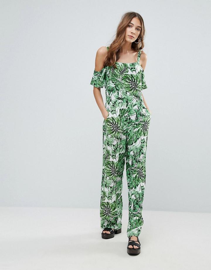 Qed London Cold Shoulder Tropical Print Jumpsuit - Multi