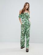 Qed London Cold Shoulder Tropical Print Jumpsuit - Multi
