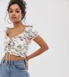 Asos Design Petite Puff Sleeve Top With Lace Up Front In Floral Print