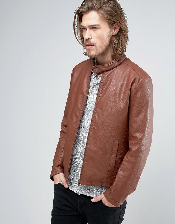 Asos Faux Leather Racing Jacket In Brown - Brown