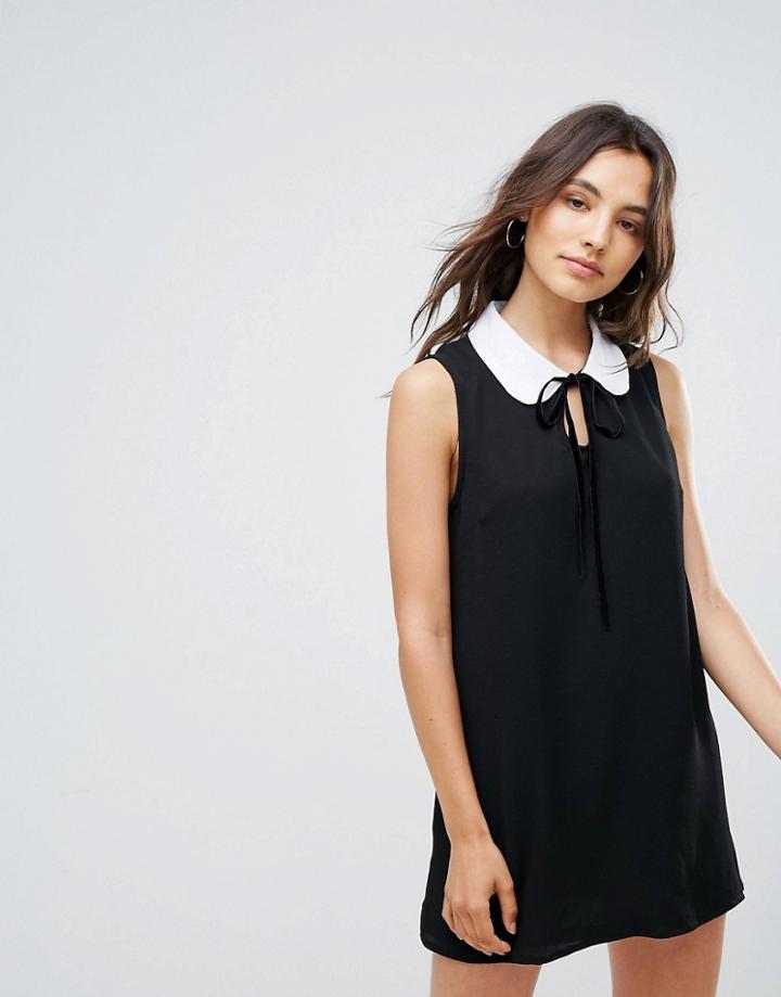 Rage Contrast Collar Dress With Velvet Tie - Black