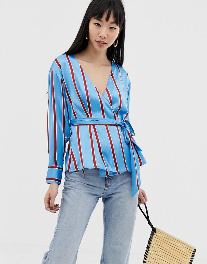 Asos Design Wrap Long Sleeve Top In Stripe Two-piece-multi