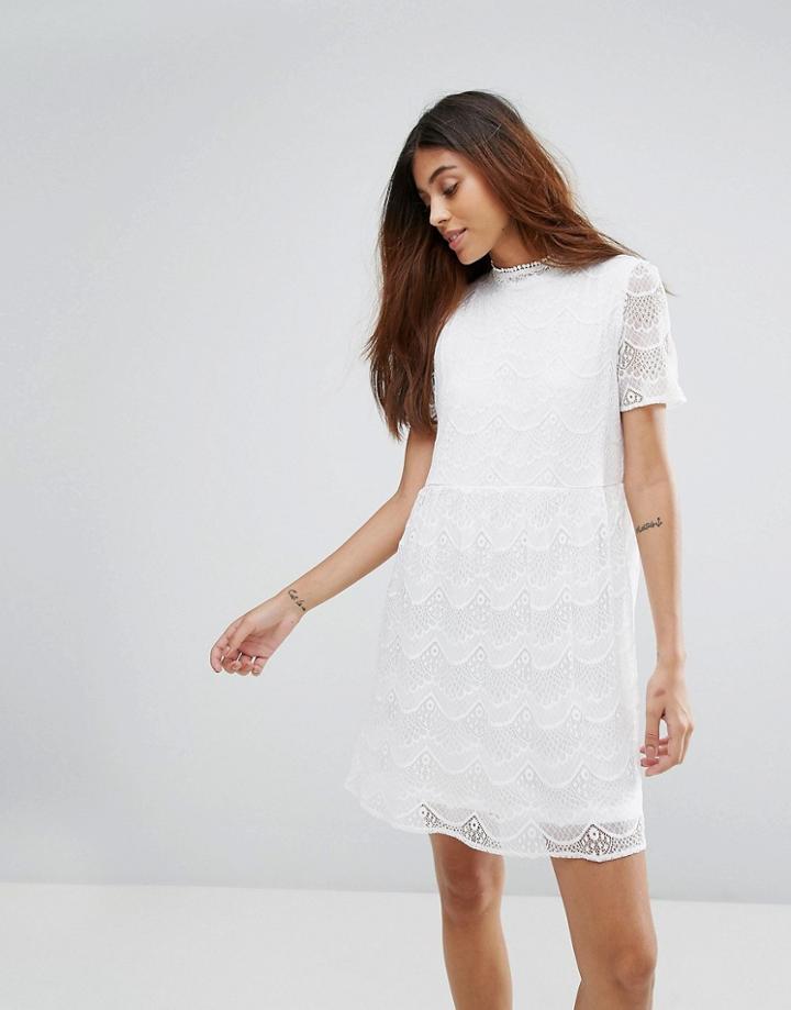 Only Kik High Neck Lace Skater Dress - Beige