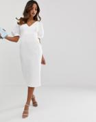 Asos Design Bubble Sleeve Seamed Midi Dress-white