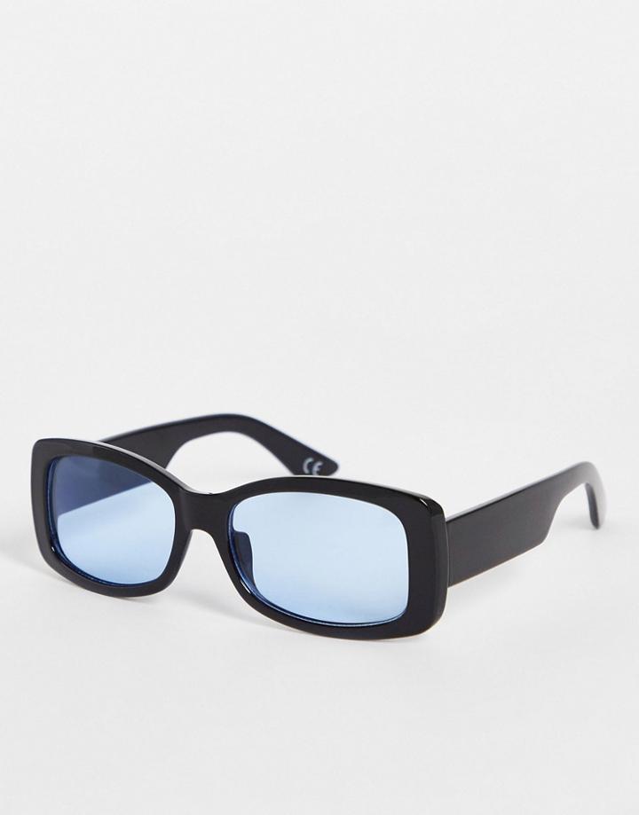 Asos Design Mid Square Sunglasses In Black With Blue Lens - Black