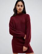 Brave Soul Hudson High Neck Sweater Dress With Balloon Sleeves-red