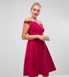 Little Mistress Tall Bardot Embellished Shoulder Skater Dress In Berry - Red