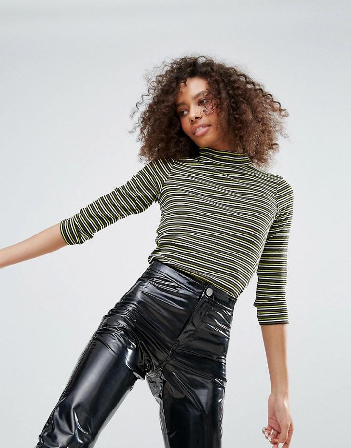Monki High Neck 3/4 Sleeve Stripe Top - Multi