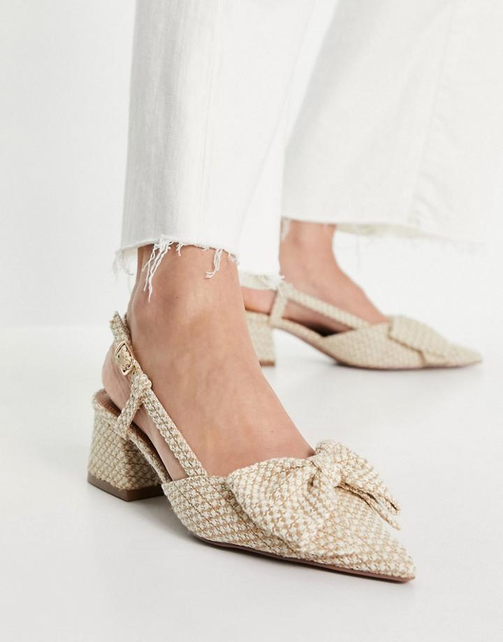 Asos Design Spring Bow Mid Heeled Shoes In Natural-neutral