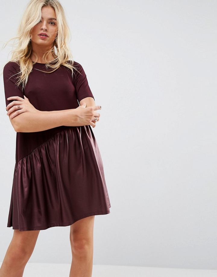 Asos Mini Smock Dress With Asymmetric Pu Panel - Red