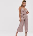 Asos Design Petite Twist Knot Front Strappy Satin Jumpsuit-pink