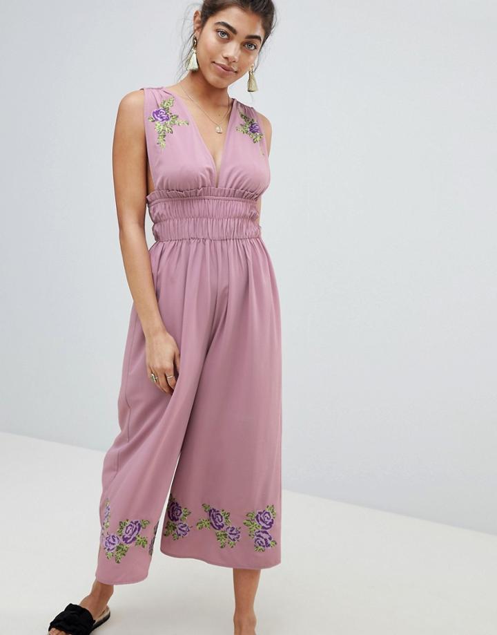 Asos Design Ruched Waist Plunge Jumpsuit With Embroidery - Red