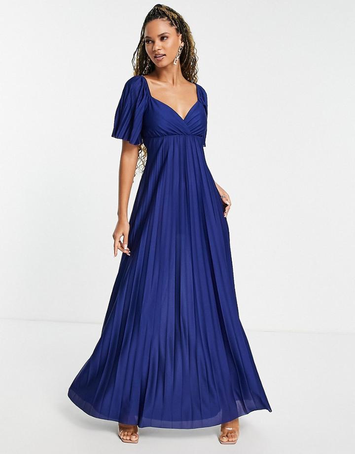 Asos Design Pleated Twist Back Cap Sleeve Maxi Dress In Navy-blues