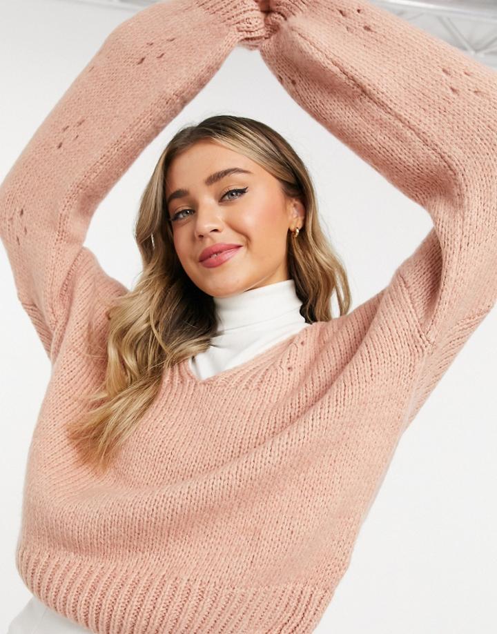 Asos Design V-neck Sweater With Sleeve Stitch Detail In Dusky Pink
