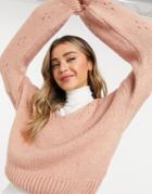 Asos Design V-neck Sweater With Sleeve Stitch Detail In Dusky Pink