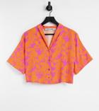 Twisted Wunder Plus Open Collar Cropped Shirt In Orange And Pink Floral-multi
