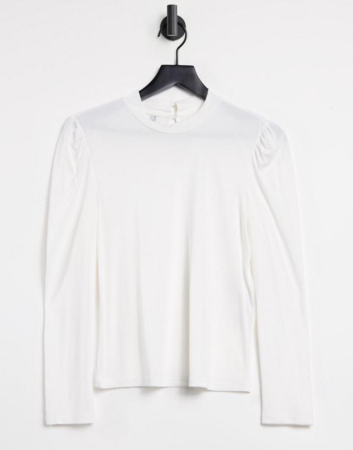 Only Puff Shoulder Detail Ribbed Top In White