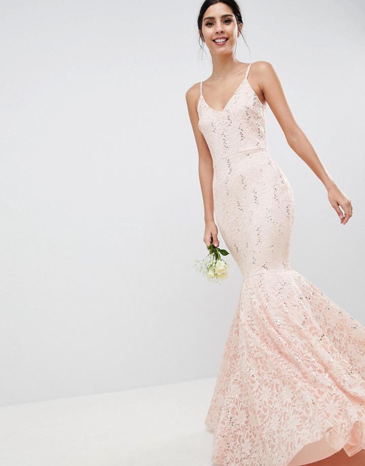 Club L Lace Bandeau Fishtail Maxi Dress With Sequin Detail - Pink