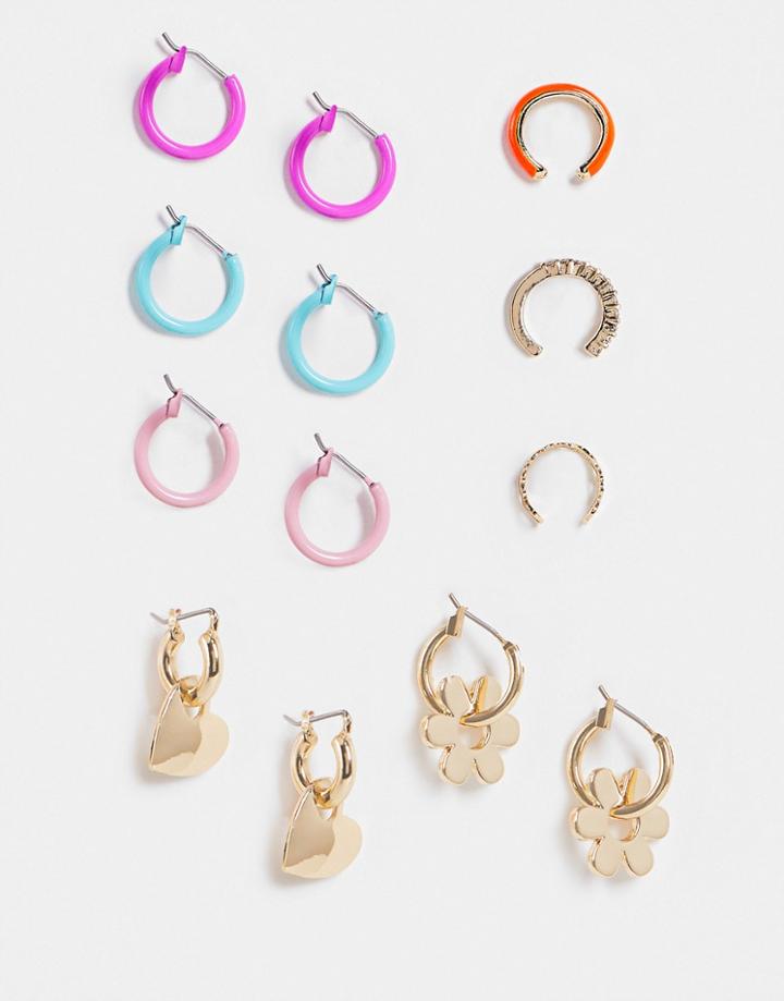 Asos Design Pack Of 8 Earrings And Single Ear Cuffs With Color Pop And Charms-multi