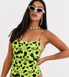 Asos Design Petite Strappy Back Swimsuit In Acid Yellow Animal Print