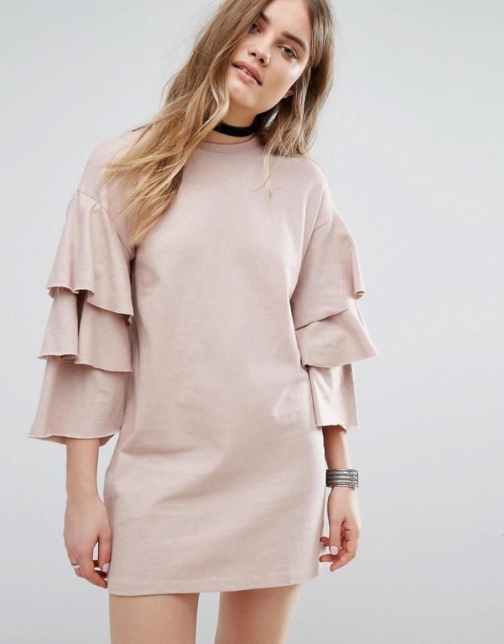 Pull & Bear Ruffle Sleeve Sweat Dress - Pink