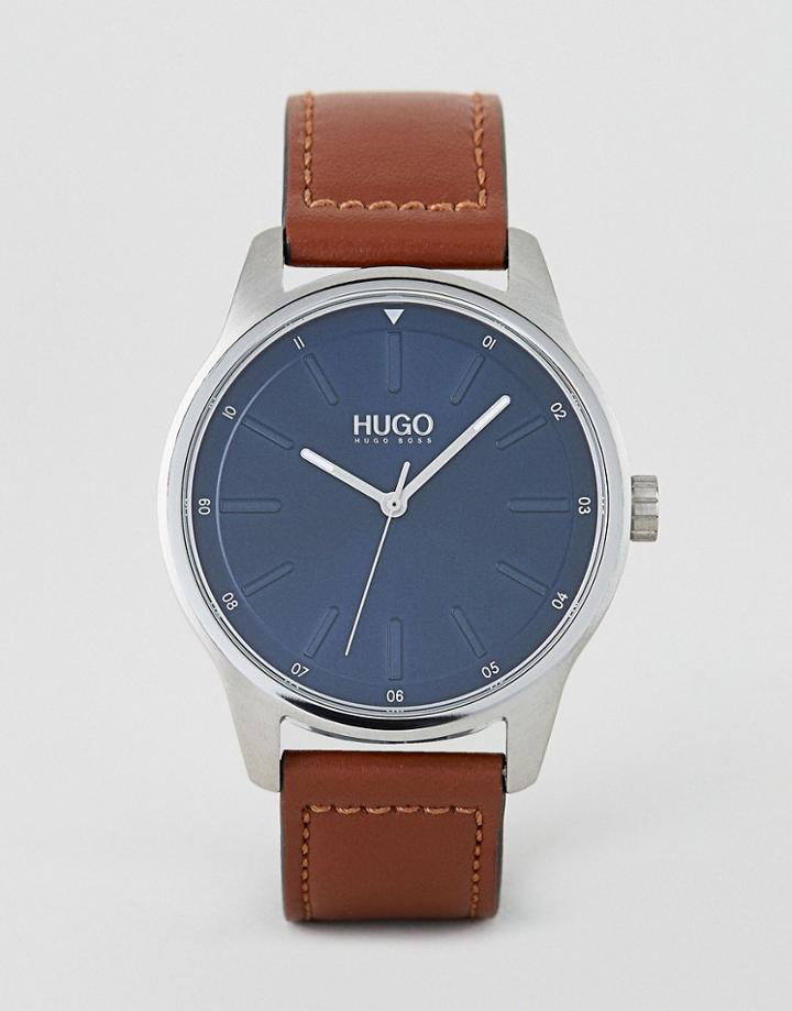 Hugo 1530029 Dare Blue Dial Leather Strap Watch In Brown - Brown