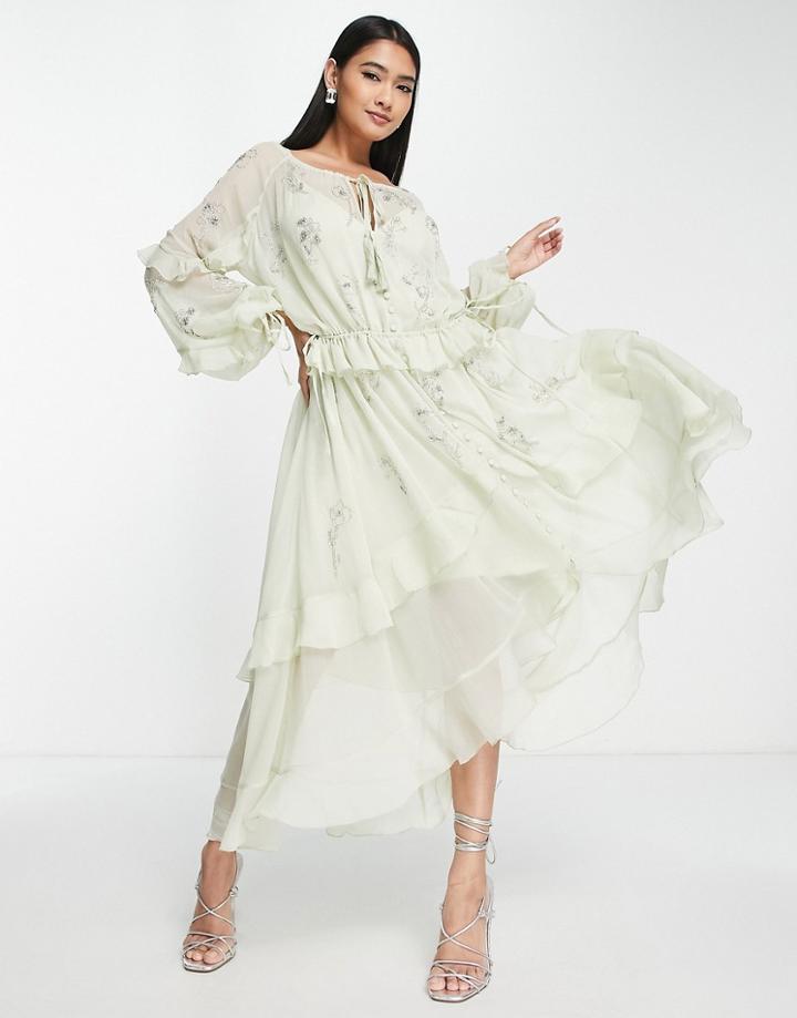 Asos Design Ruffle Midi Dress With Floral Embellishment And Tie Details-green