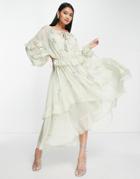 Asos Design Ruffle Midi Dress With Floral Embellishment And Tie Details-green