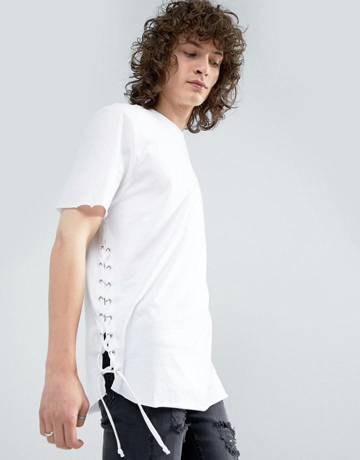 Asos Longline T-shirt With Curved Hem And Eyelet Side Seam - White