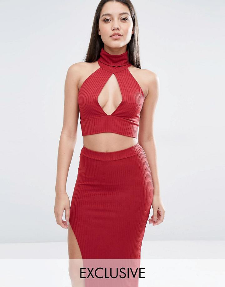 Club L Keyhole Rib Crop Top - Burgundy
