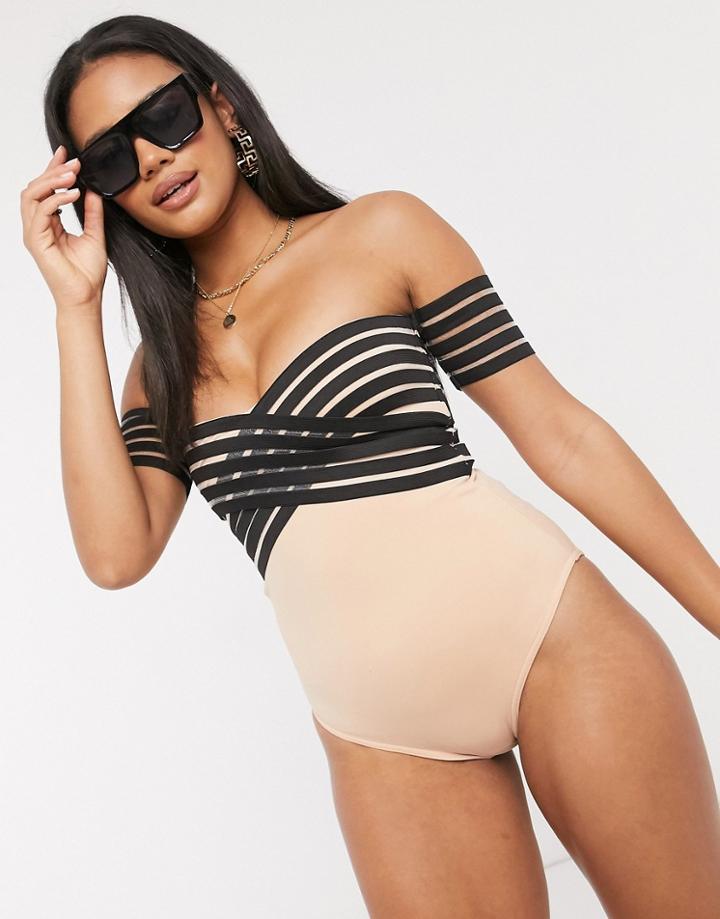 Asos Design Contrast Elastic Cross Front Bardot Swimsuit-black