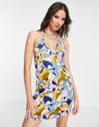 Violet Romance Satin Halter Neck Mini Dress In Swirl Floral Print-multi