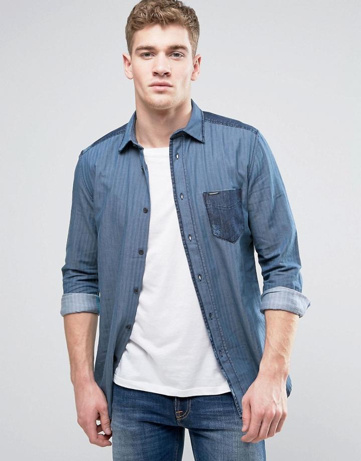 Diesel D-jerry Herringbone Long Sleeve Shirt With Pocket - Blue