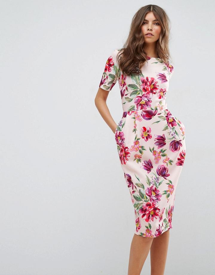 Asos Midi Wiggle Dress In Painted Floral Print - Multi