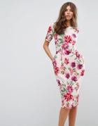 Asos Midi Wiggle Dress In Painted Floral Print - Multi