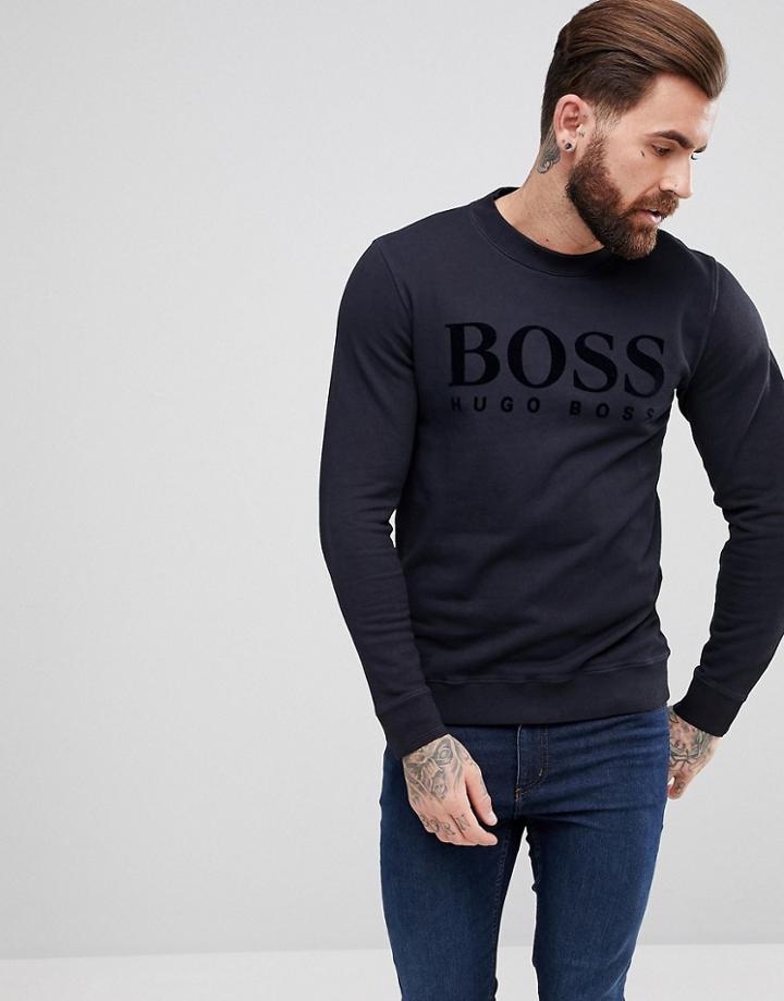 Boss Casual Crew Neck Velvet Logo Sweat In Navy - Navy