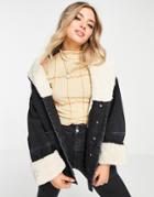 Topshop Shearling Recycled Cotton Denim Car Coat In Washed Black