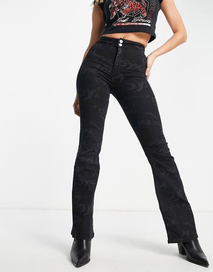 Topshop Stretch Flare Tattoo Print Jeans In Washed Black