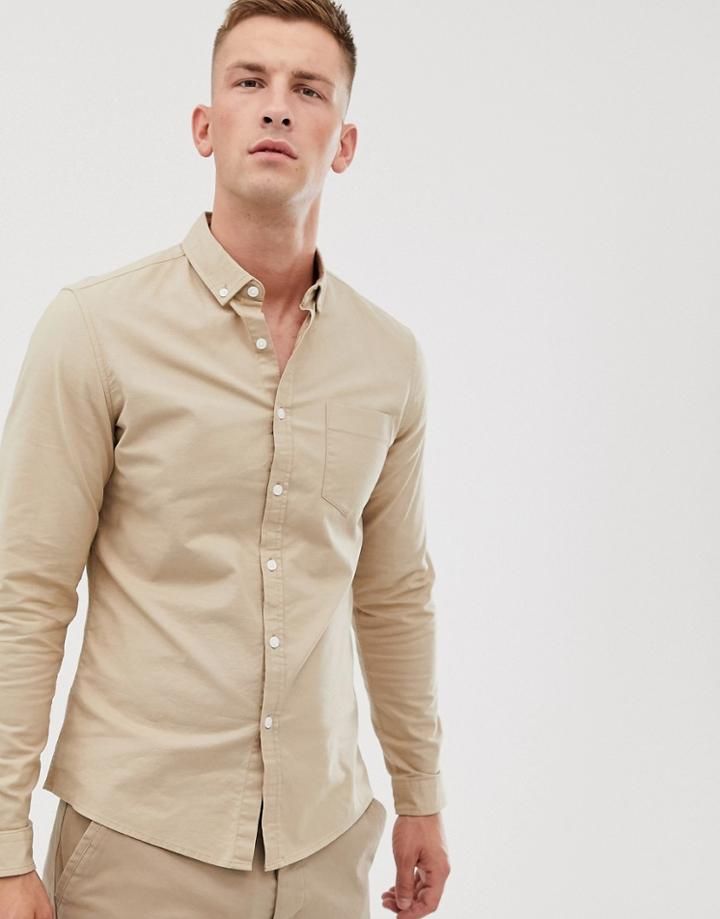 Asos Design Casual Slim Oxford Shirt In Sand - Beige