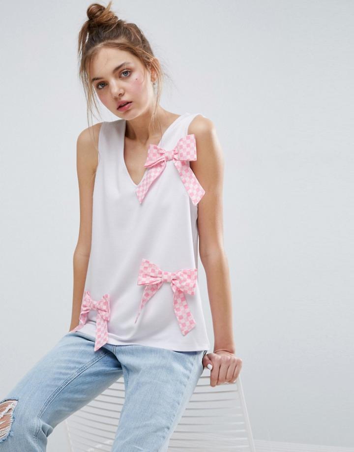 Asos Top With Gingham Bows - White