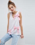 Asos Top With Gingham Bows - White