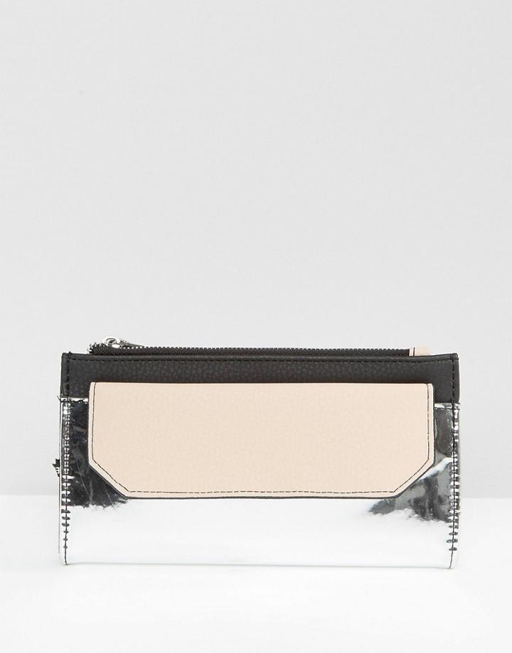 Pull & Bear Zip Purse With Front Flap In Metallic - Silver