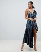 Asos Design Midaxi Dress With Drape Shoulder In All Over Sequin - Multi