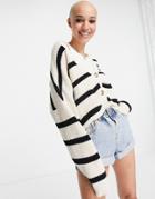 Pull & Bear Button Front Stripe Cardigan In Ecru-white