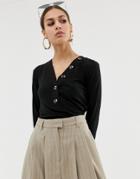 Na-kd Ribbed Cropped Top With Button Detail In Black - Black