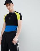Asos Design Muscle Raglan T-shirt With Contrast Color Block And Tipping In Black - Black