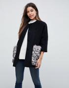 Helene Berman Leopard Kimono Coat With Faux Fur Pockets - Gray